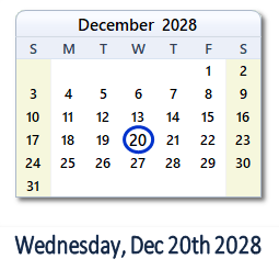 December 20, 2028 calendar