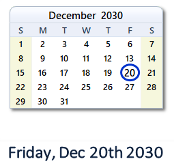 December 20, 2030 calendar