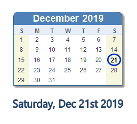 December 21, 2019 calendar