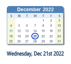 December 21, 2022 calendar