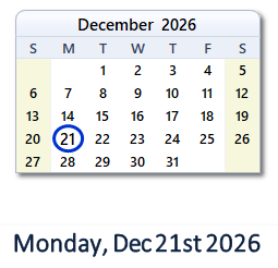 December 21, 2026 calendar