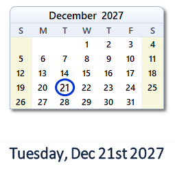 December 21, 2027 calendar