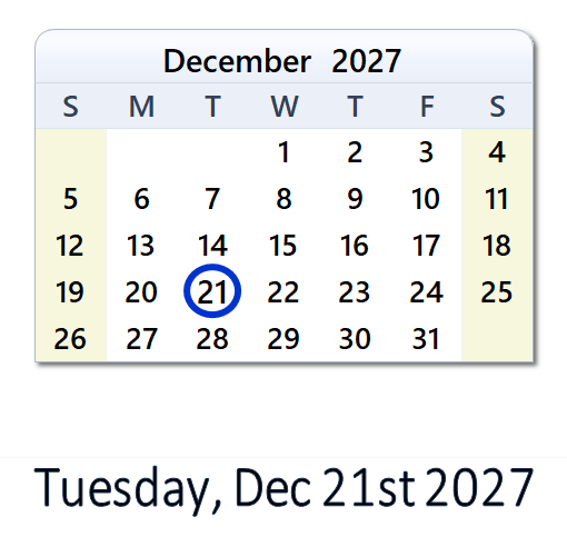 Dec 21, 2027: Holidays, Day & Date Info with Countdown - Canada