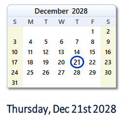 December 21, 2028 calendar