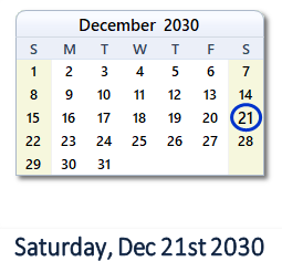 December 21, 2030 calendar
