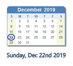 December 22, 2019 calendar
