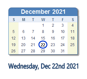 December 22, 2021 calendar