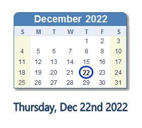 22 December 2022 calendar