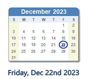 December 22, 2023 calendar