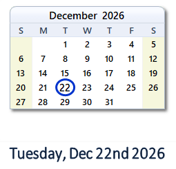22 December 2026 calendar