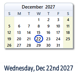 December 22, 2027 calendar
