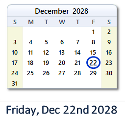 December 22, 2028 calendar