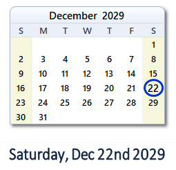 December 22, 2029 calendar