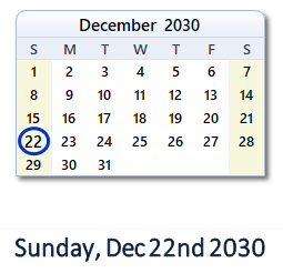 December 22, 2030 calendar