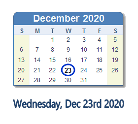 December 23, 2020 calendar