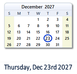 December 23, 2027 calendar