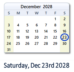 December 23, 2028 calendar