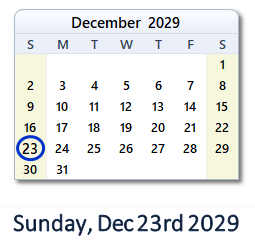 December 23, 2029 calendar