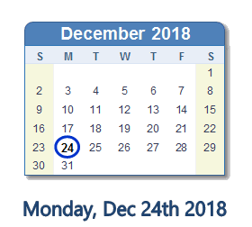December 24, 2018 calendar