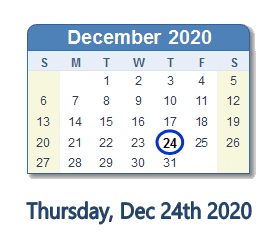 December 24, 2020 calendar