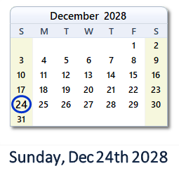December 24, 2028 calendar