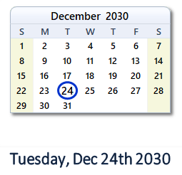 December 24, 2030 calendar