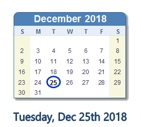 December 25, 2018 calendar