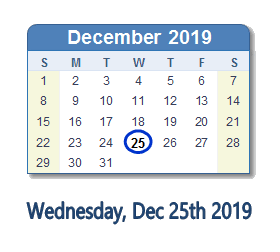 December 25, 2019 calendar