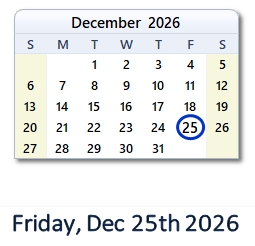 25 December 2026 calendar