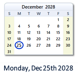 December 25, 2028 calendar