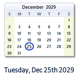December 25, 2029 calendar