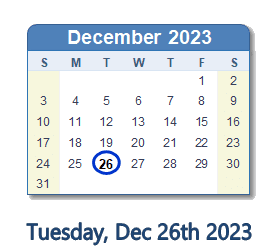 December 26, 2023 calendar
