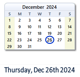 26 December 2024 calendar