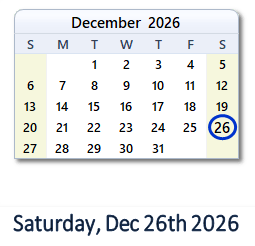December 26, 2026 calendar