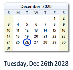 December 26, 2028 calendar