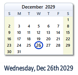 December 26, 2029 calendar