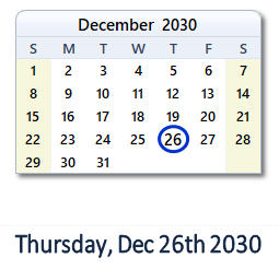 December 26, 2030 calendar