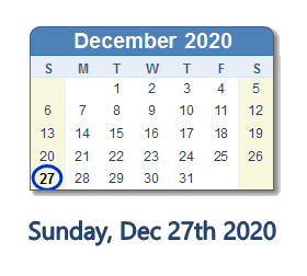 December 27, 2020 calendar