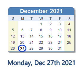 December 27, 2021 calendar