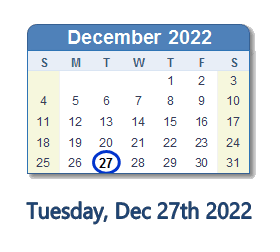 December 27, 2022 calendar