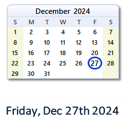 27 December 2024 calendar