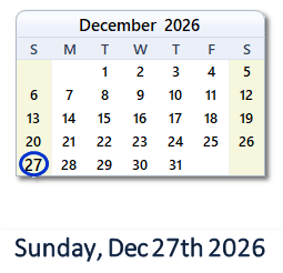 27 December 2026 calendar