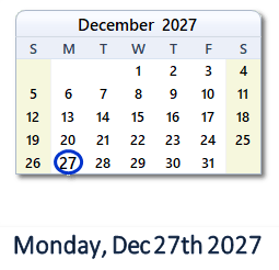 27 December 2027 calendar