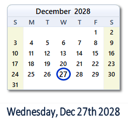 December 27, 2028 calendar