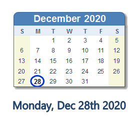 December 28, 2020 calendar
