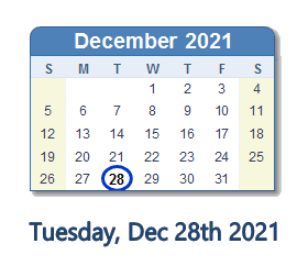 December 28, 2021 calendar