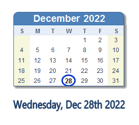 December 28, 2022 calendar