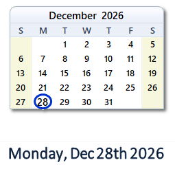 28 December 2026 calendar
