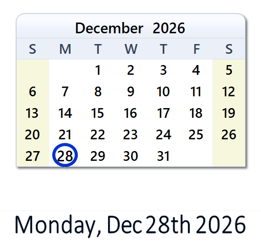 December 28, 2026 Calendar with Holidays & Count Down - USA