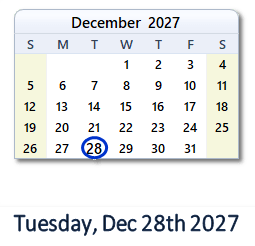 December 28, 2027 calendar